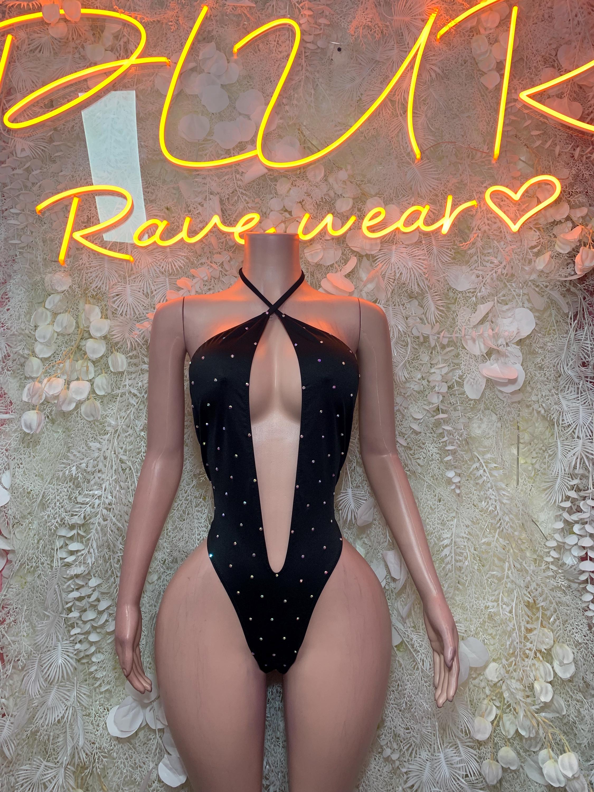 Black rhinestone halter bodysuit with deep plunge, high-cut thong front