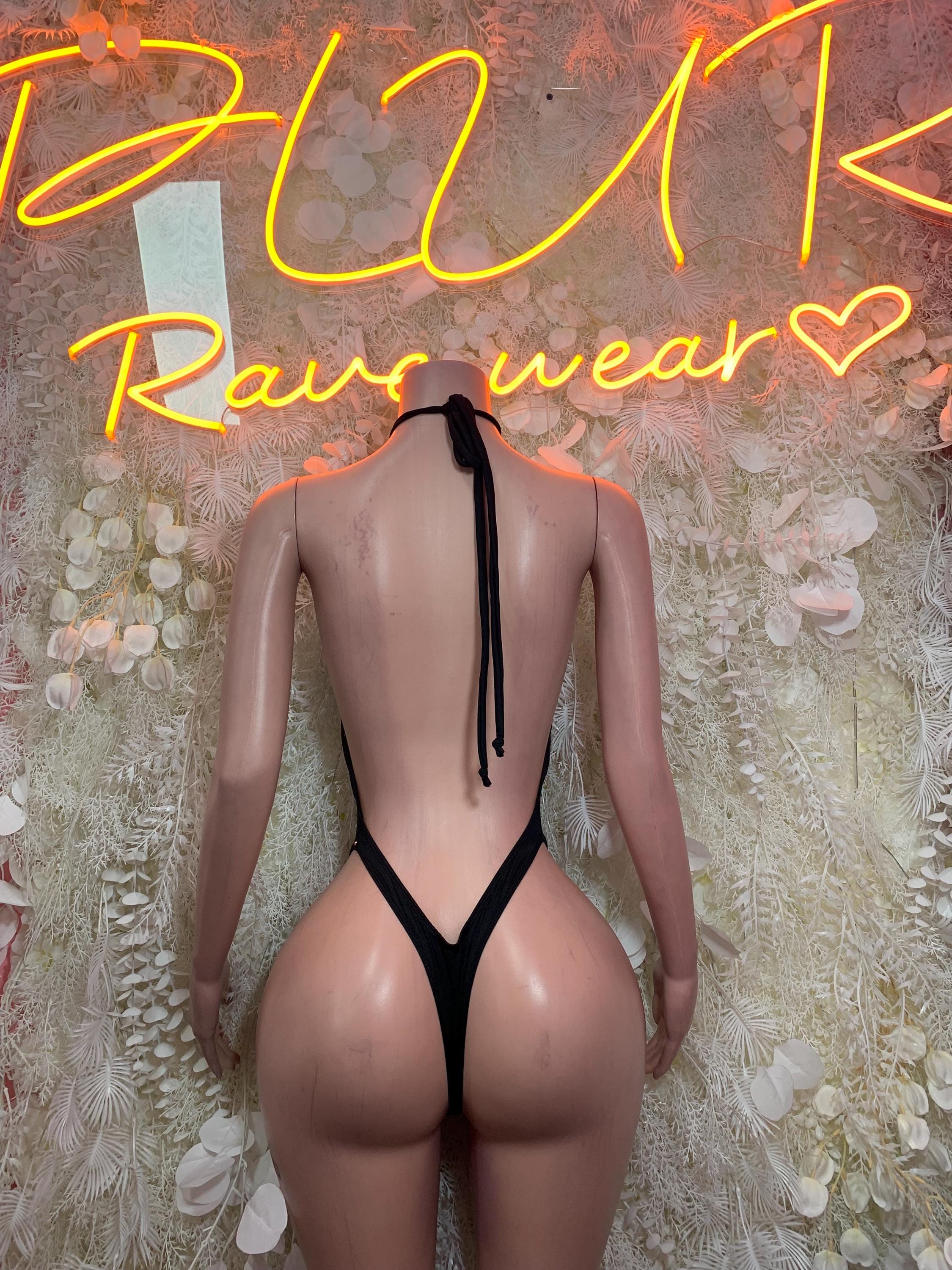 Black rhinestone halter bodysuit with open back tie and high-cut thong