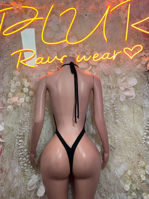Black rhinestone halter bodysuit with open back tie and high-cut thong