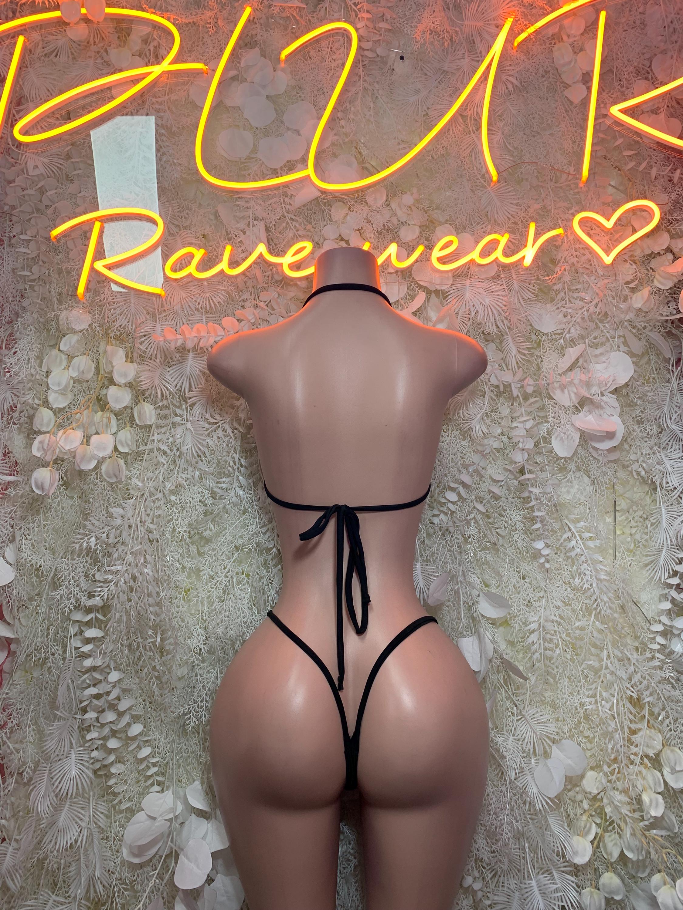 Rhinestone black crop bikini set with crisscross back straps, thong bottom, back view