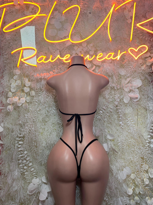 Rhinestone black crop bikini set with crisscross back straps, thong bottom, back view