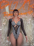 Referee-style striped bodysuit with black long sleeves and lace-up front