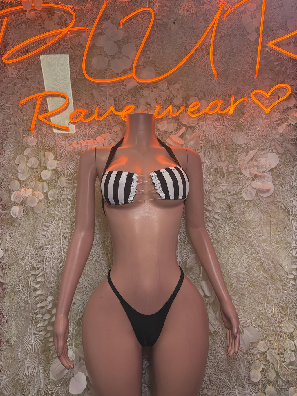 Referee Bikini Bartender Costume: Striped Halter Top, Thong Bottoms