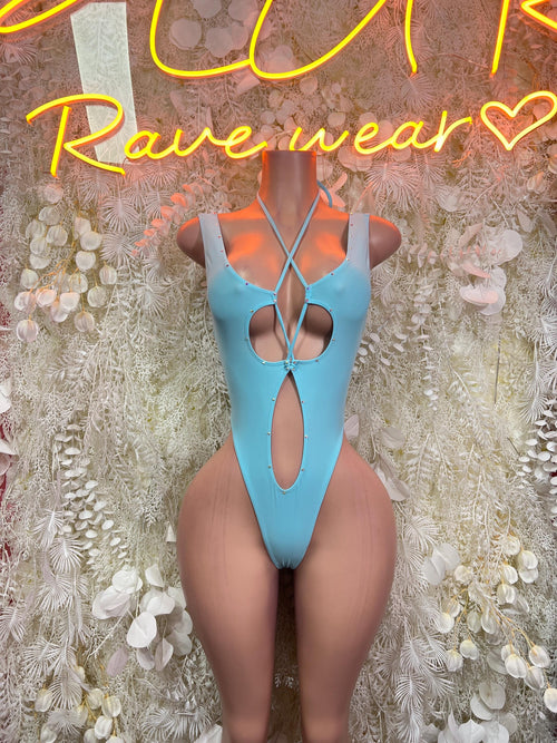 Light blue strappy high-cut thong bodysuit with deep front oval cutout