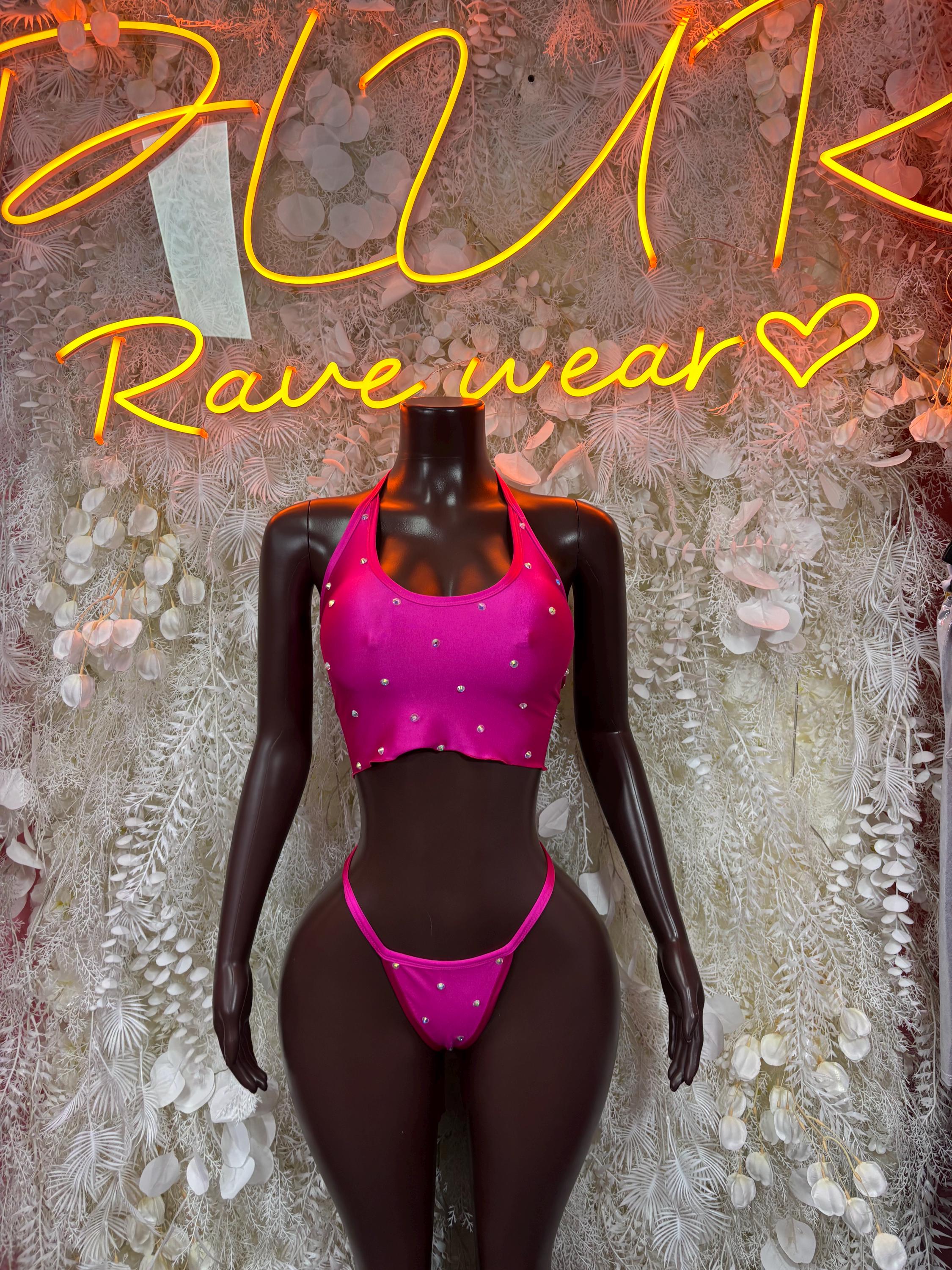 Pink Rhinestone Two-Piece Bikini – Rave Festival Dancewear, Clubwear Outfit