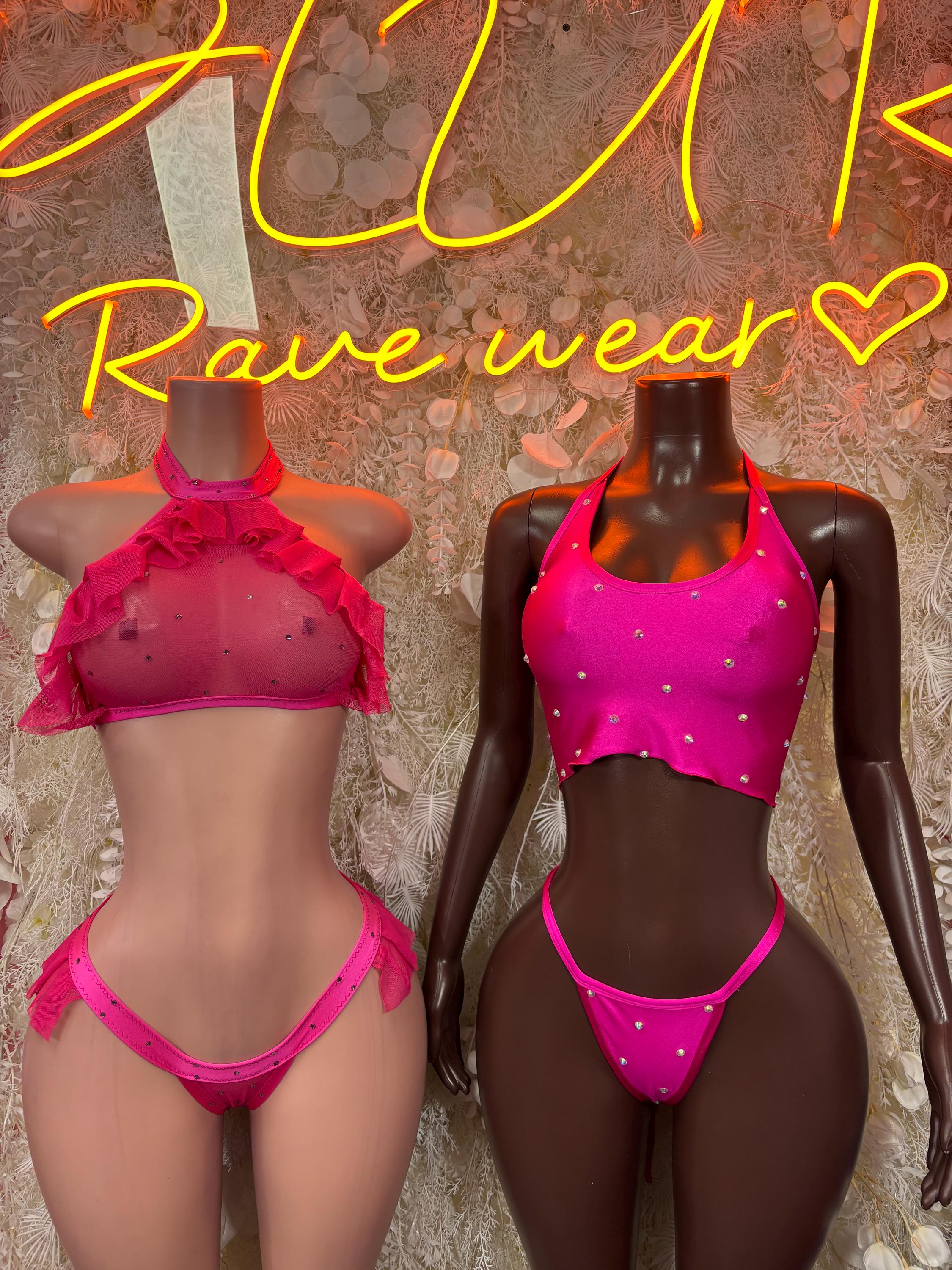 Pink rhinestone crop top bikini set with thin straps and ruffle detail