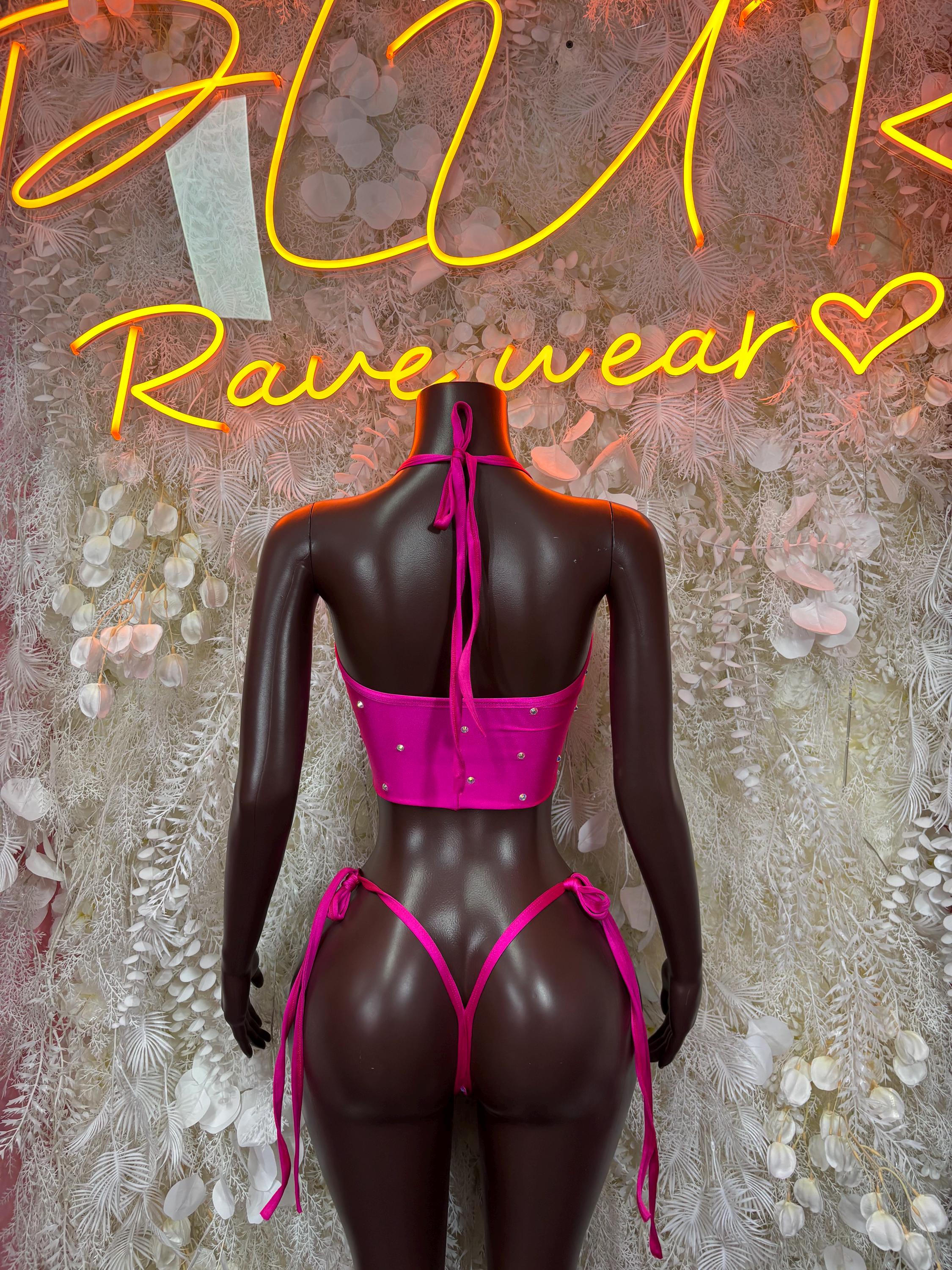 Pink rhinestone bikini set with open-back crop top and tie-side bottoms