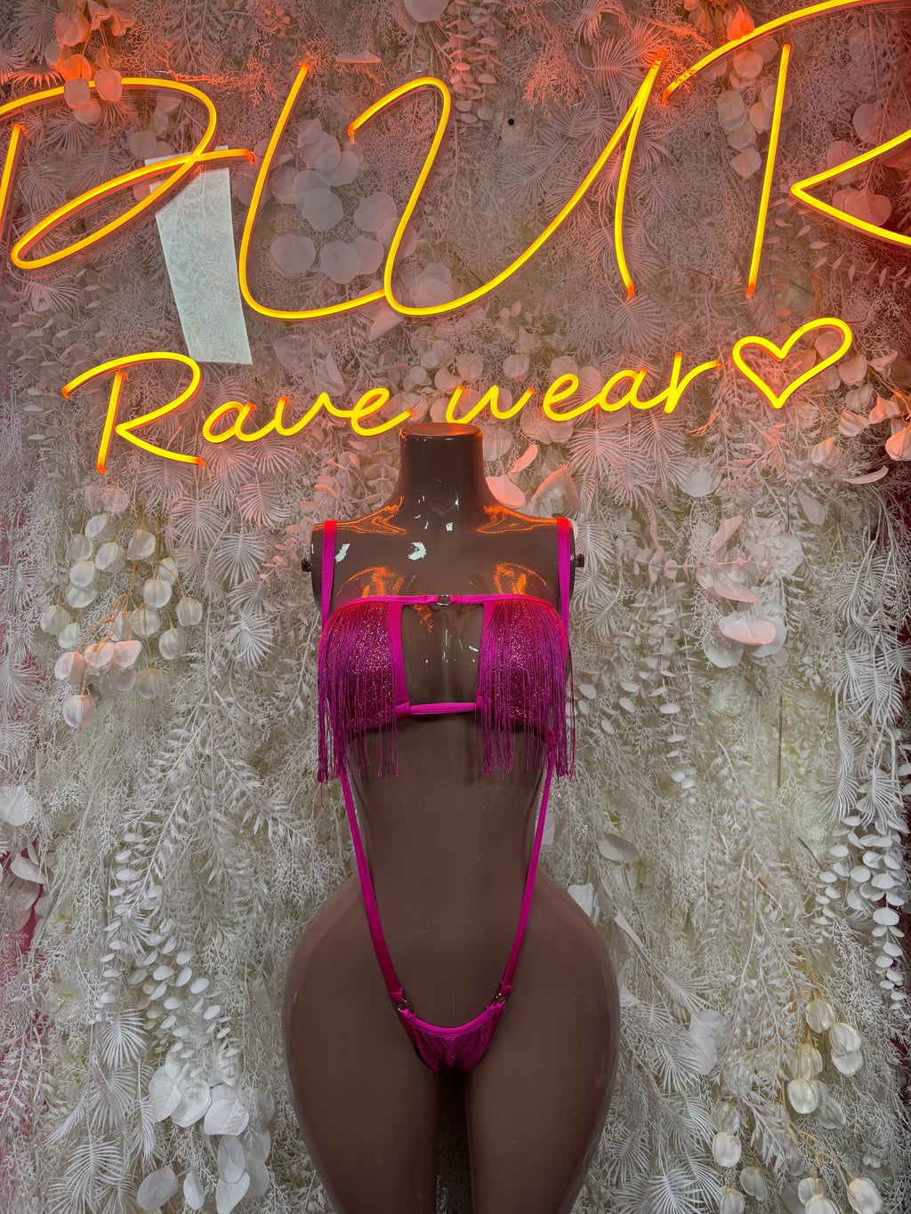 Magenta sequin fringe bikini with triangle top and strappy thong back