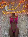 Magenta sequin fringe bikini with triangle top and strappy thong back