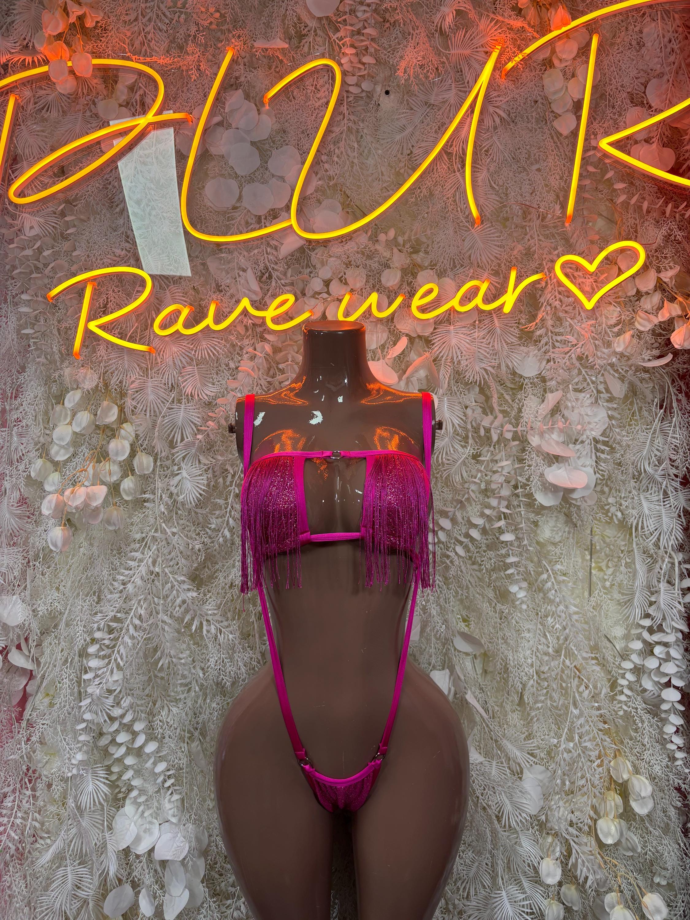 Magenta sequin fringe bikini with triangle top and strappy thong back