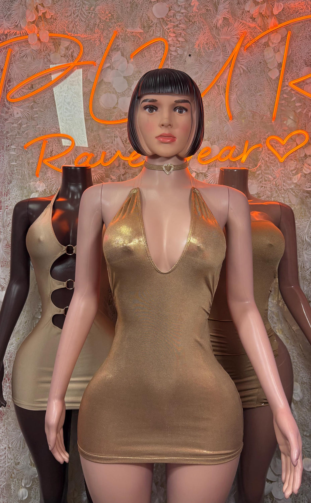 Metallic gold mini halter dress with choker collar and deep V front