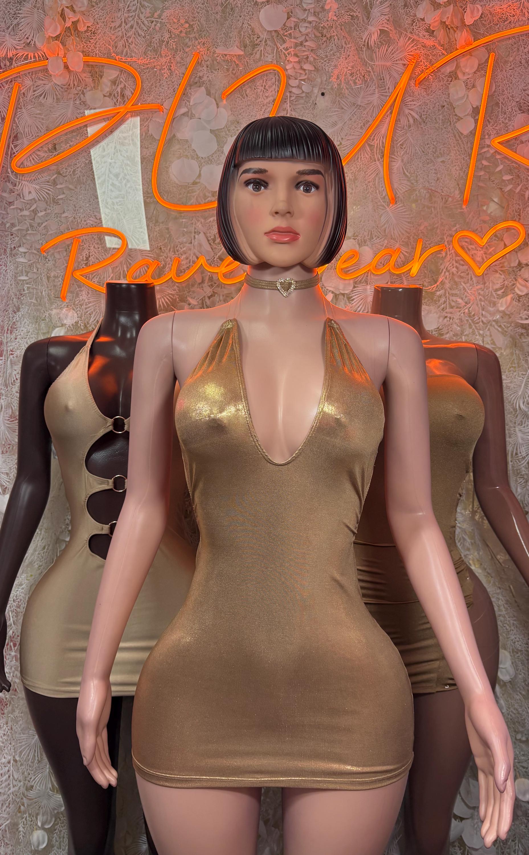 Metallic gold mini halter dress with choker collar and deep V front