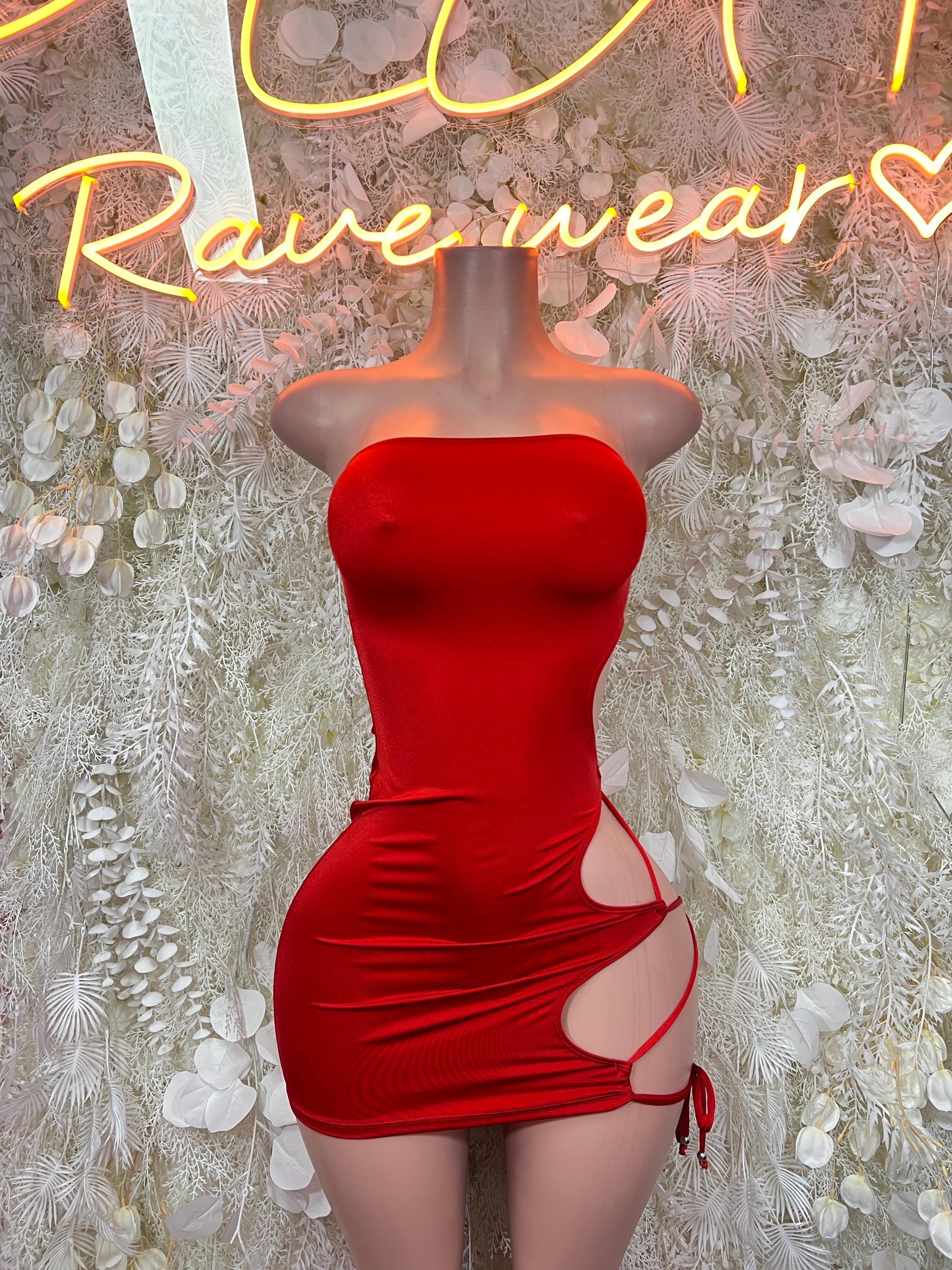 Red strapless bodycon mini dress with side cutout and tie detail at the hip