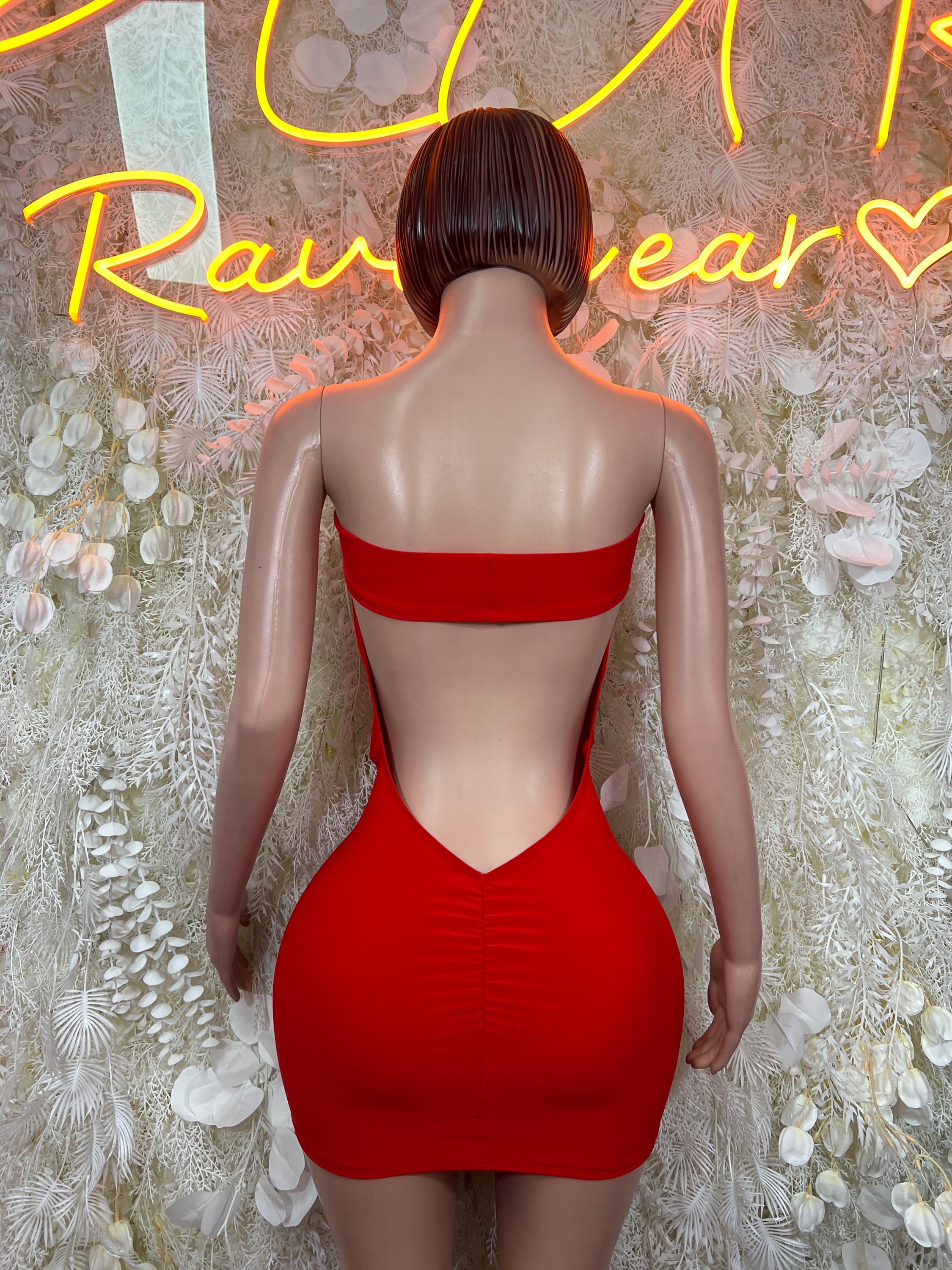 Red bodycon mini dress shown from back, with strapless back cutout
