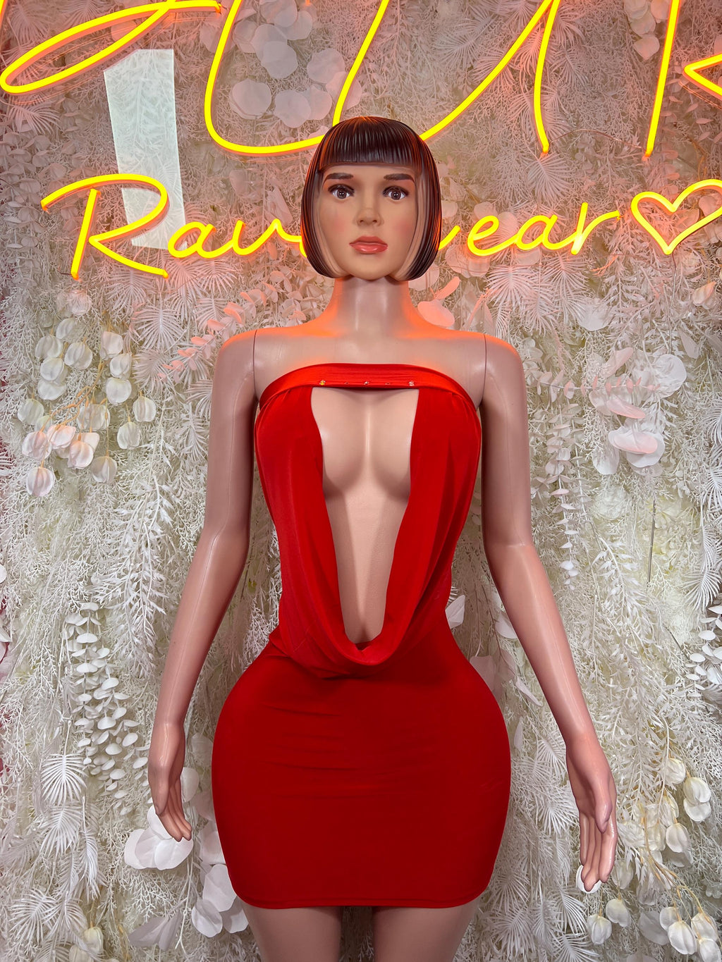 Red cowl-neck plunge mini dress with open chest cutout, bodycon fit