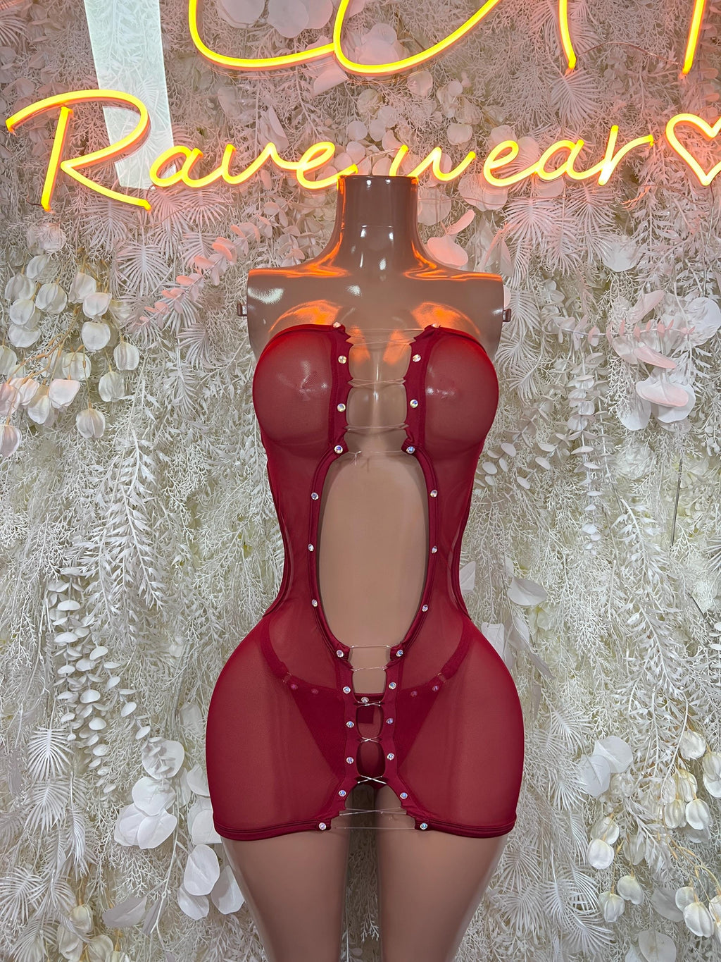 Wine red rhinestone mesh cutout bodysuit with front rhinestone trim, mannequin