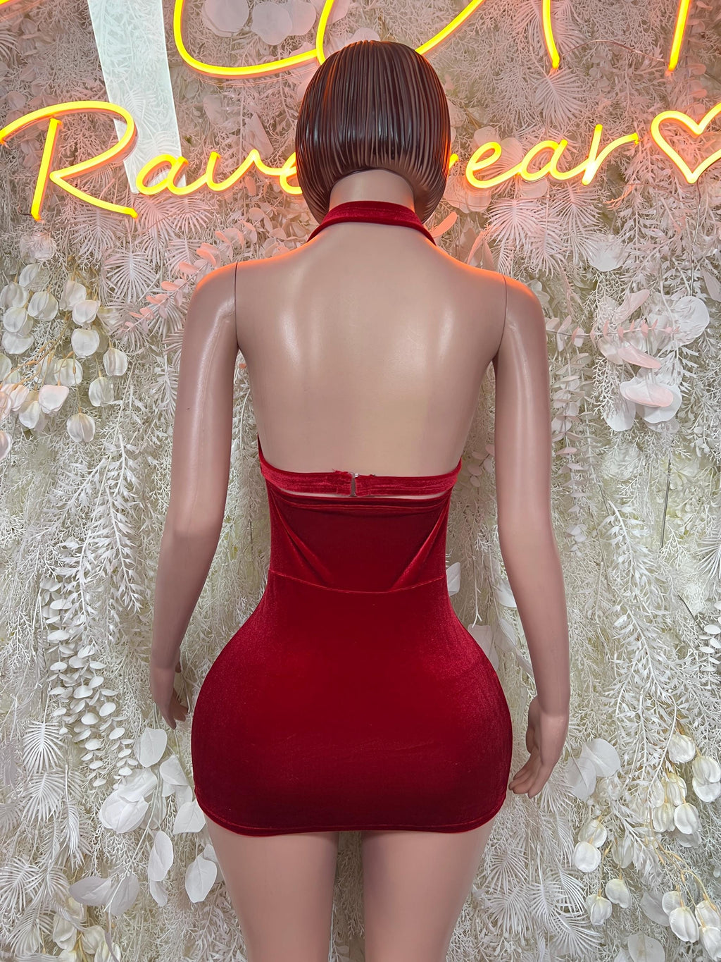 Wine red velvet mini dress with halter straps, open back, fitted mini length