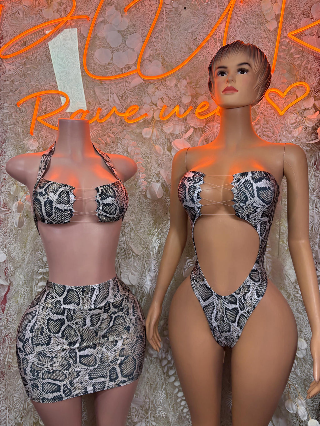 Snake print cutout monokini one-piece shown from front and back angles