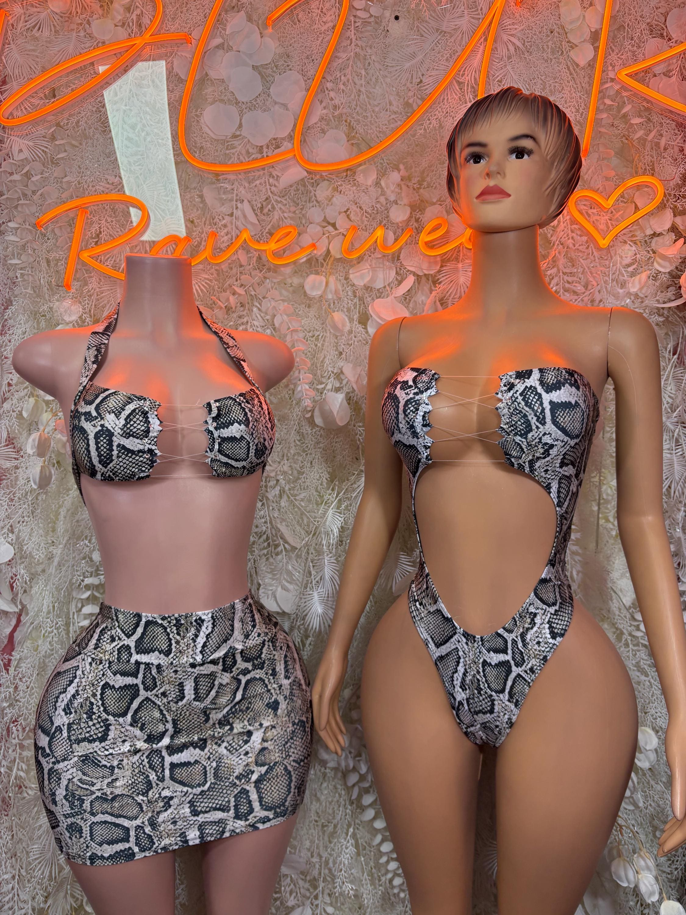Snake Print High Cut Monokini – Lace-Up Cutout Bodysuit for Rave Festival Clubwear