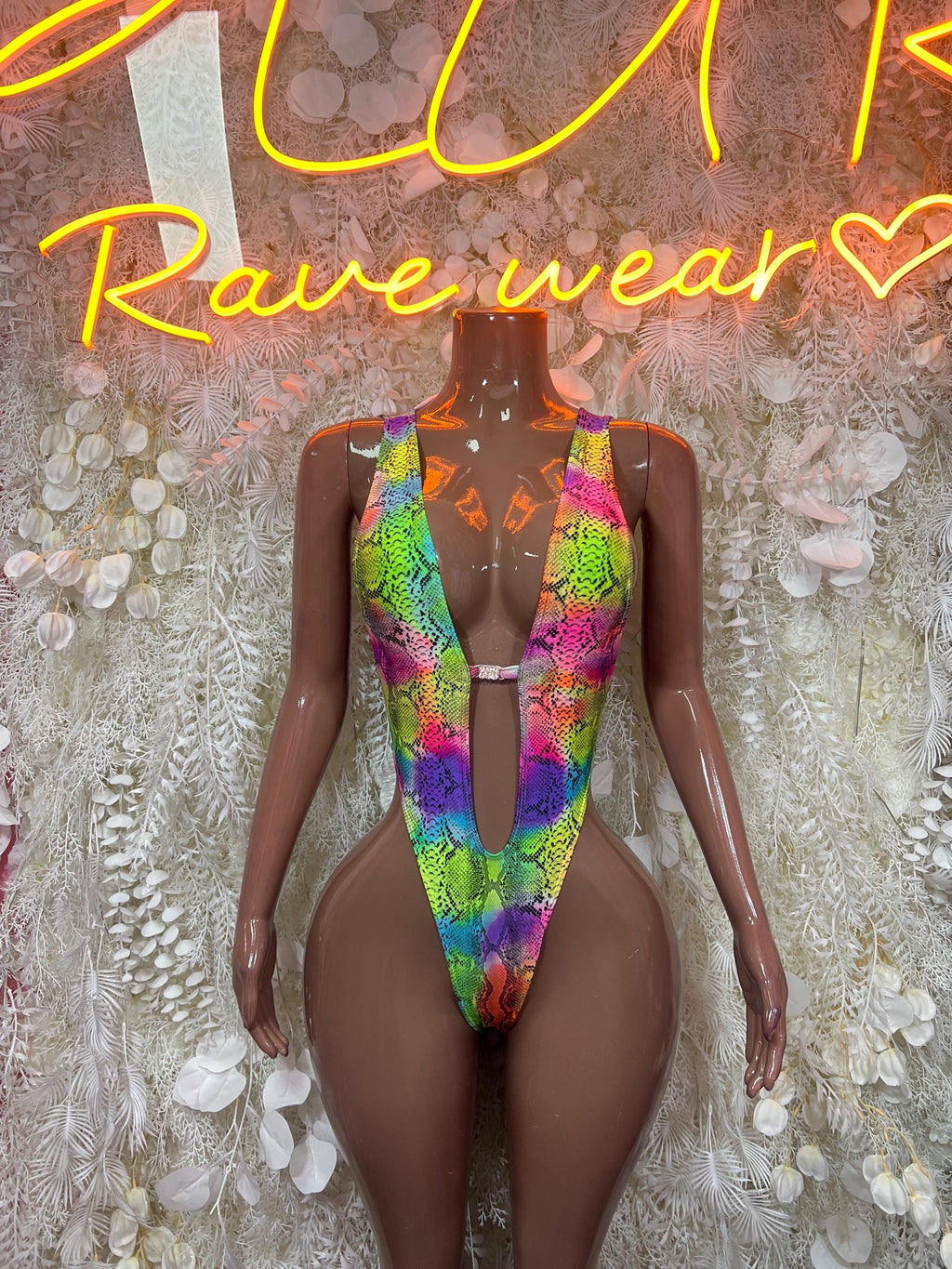 Rainbow snake-print high-cut bodysuit with deep V neckline, sleeveless one-piece