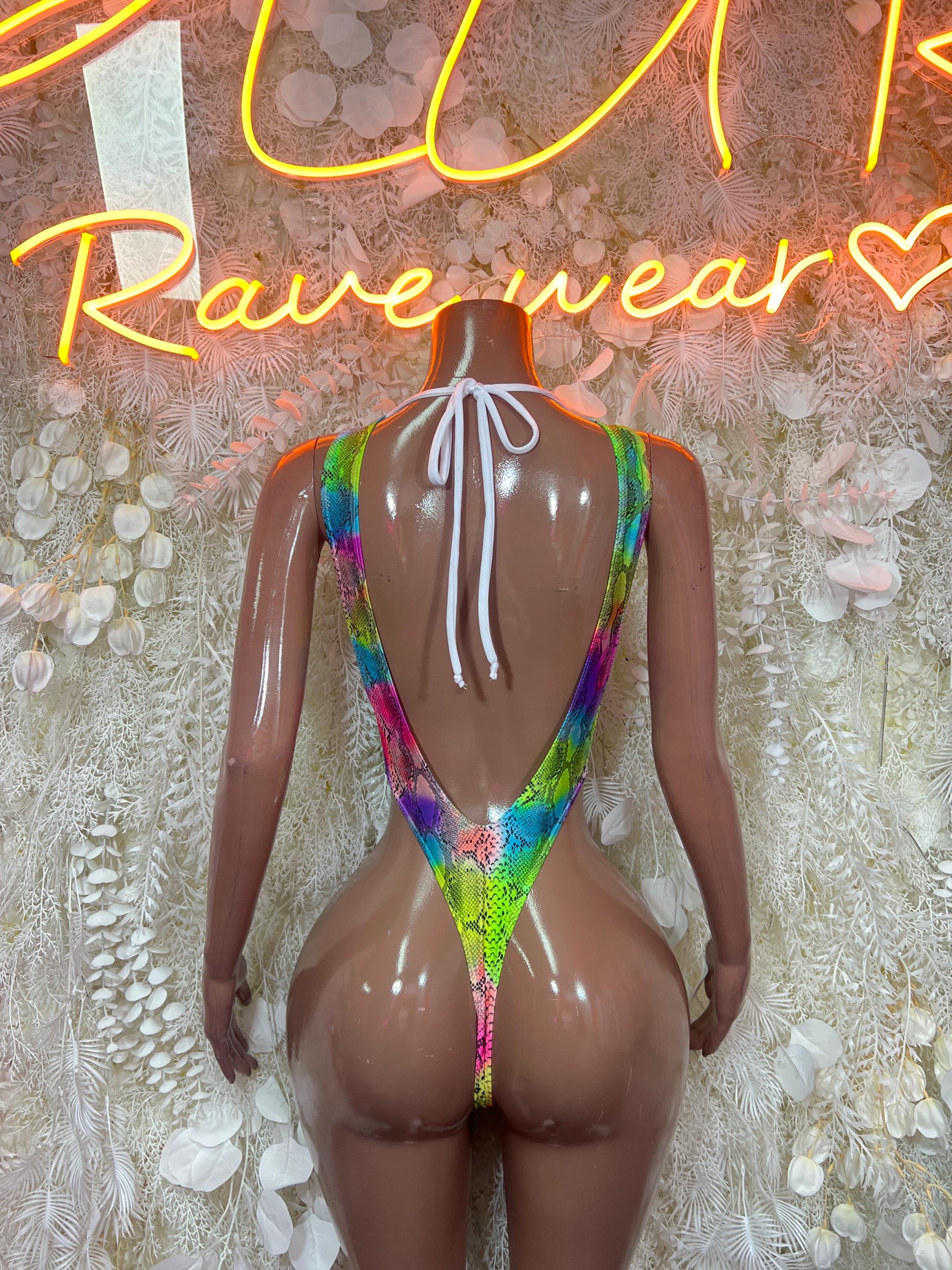 Rainbow snake-print bodysuit with open-back ties, high-cut one-piece