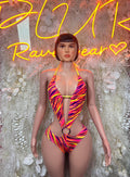 Neon zebra print monokini with O-ring, striped plunge bikini one-piece, high-cut