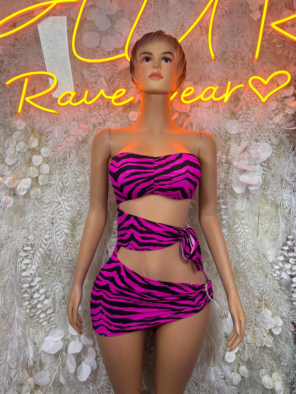 Hot pink zebra print bandeau top and side-tie mini skirt set