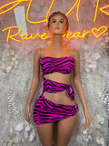 Hot pink zebra print bandeau top and side-tie mini skirt set