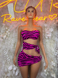 Hot Pink Zebra Print 2 Piece Rave Set – Bandeau Top, Side Tie Mini Skirt