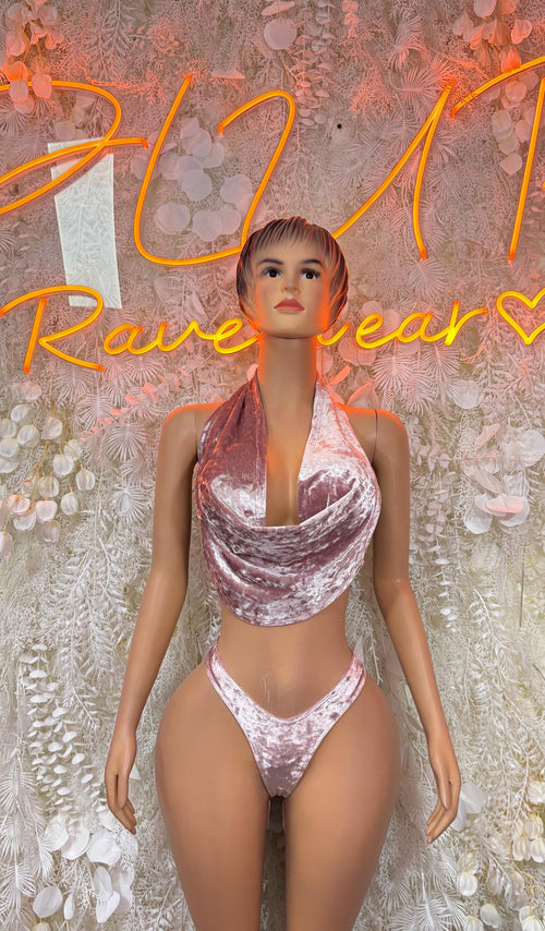 Metallic blush pink cowl halter crop top and matching thong, front view