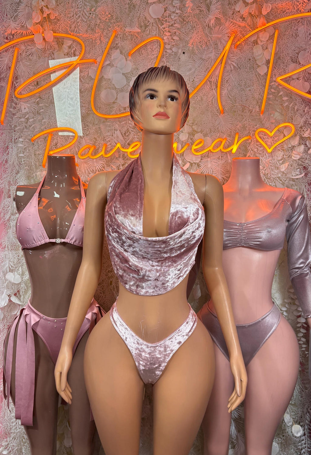 Shimmering pink rhinestone triangle bikini set on model, cowl-style drape top with high-cut bottoms