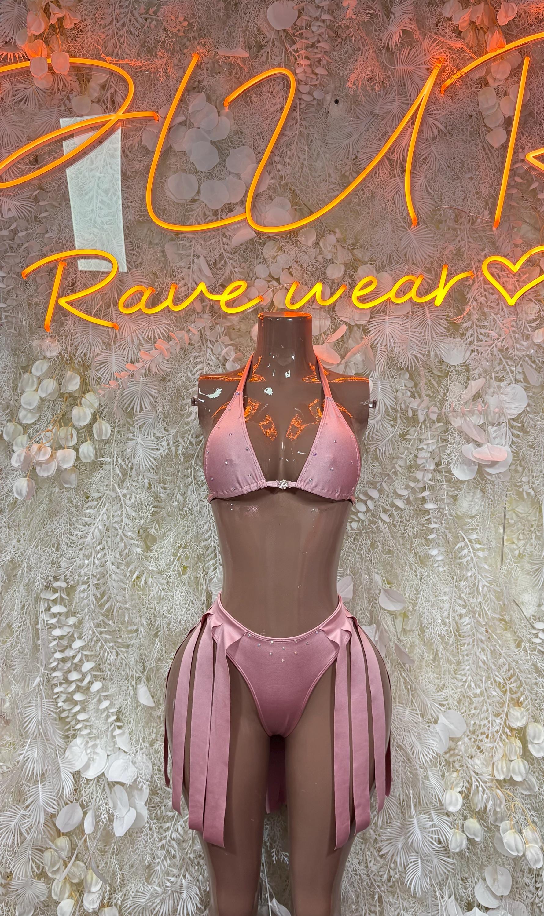 Pink rhinestone triangle bikini set with tie-side bottoms, halter straps, fringe details