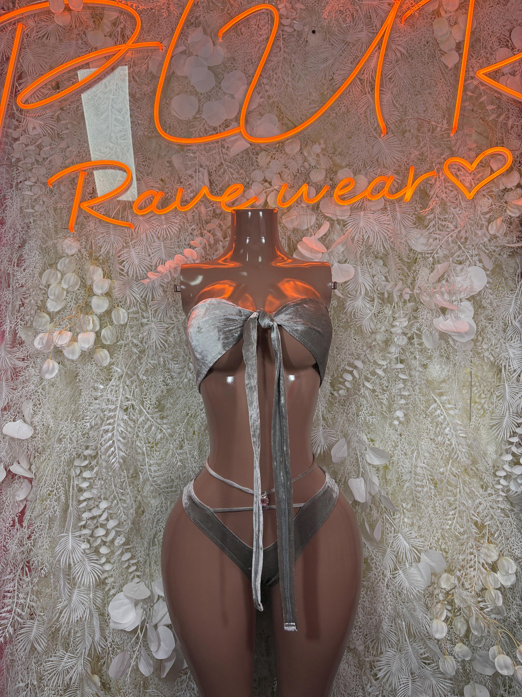 Silver strapless velvet bandeau thong set with tie-front back strings, high-cut bottoms