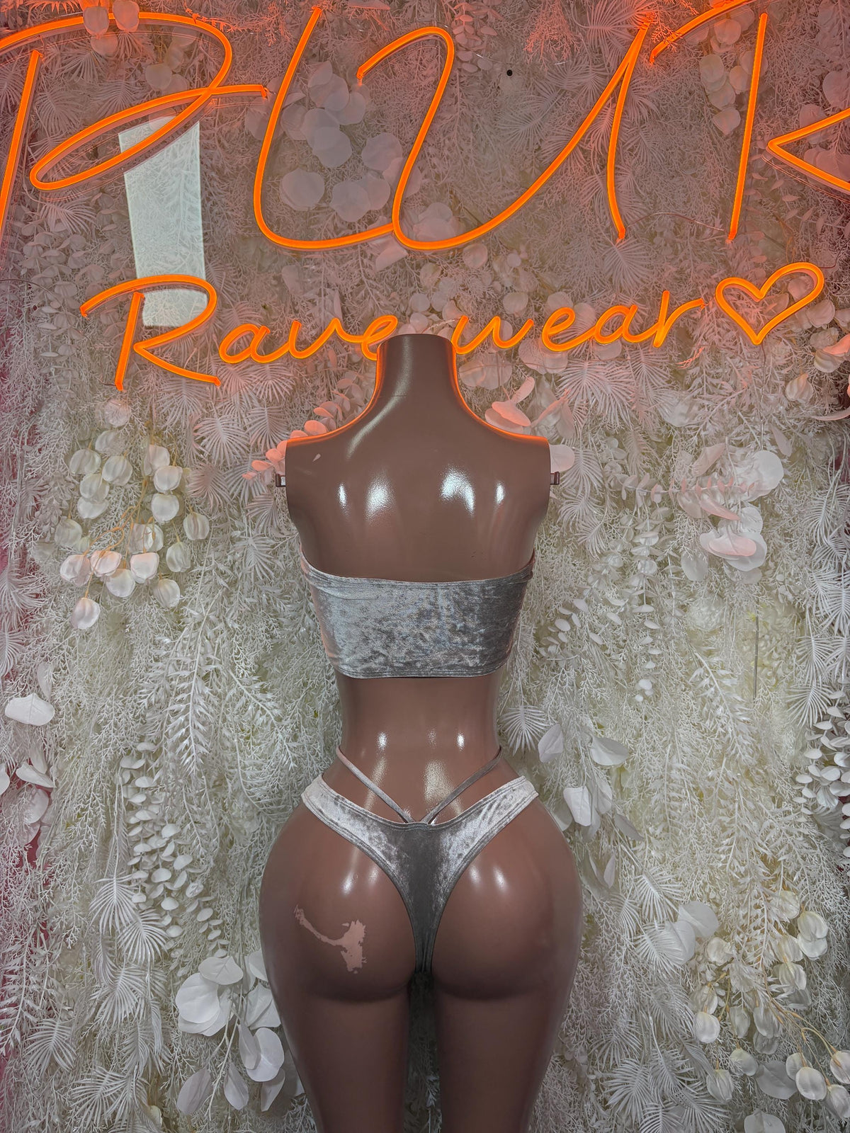 Silver strapless velvet bandeau and high-cut thong set, ruched tie details at center