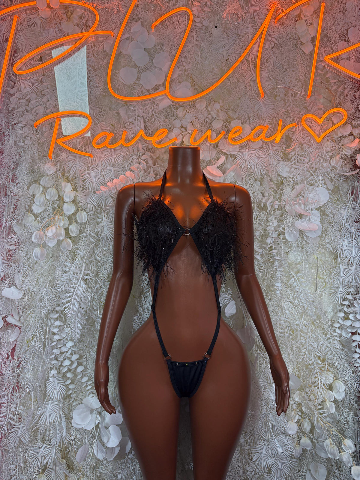 Black Feather Trim Micro Slingshot Bodysuit Sexy Rave Festival Exotic Dancewear
