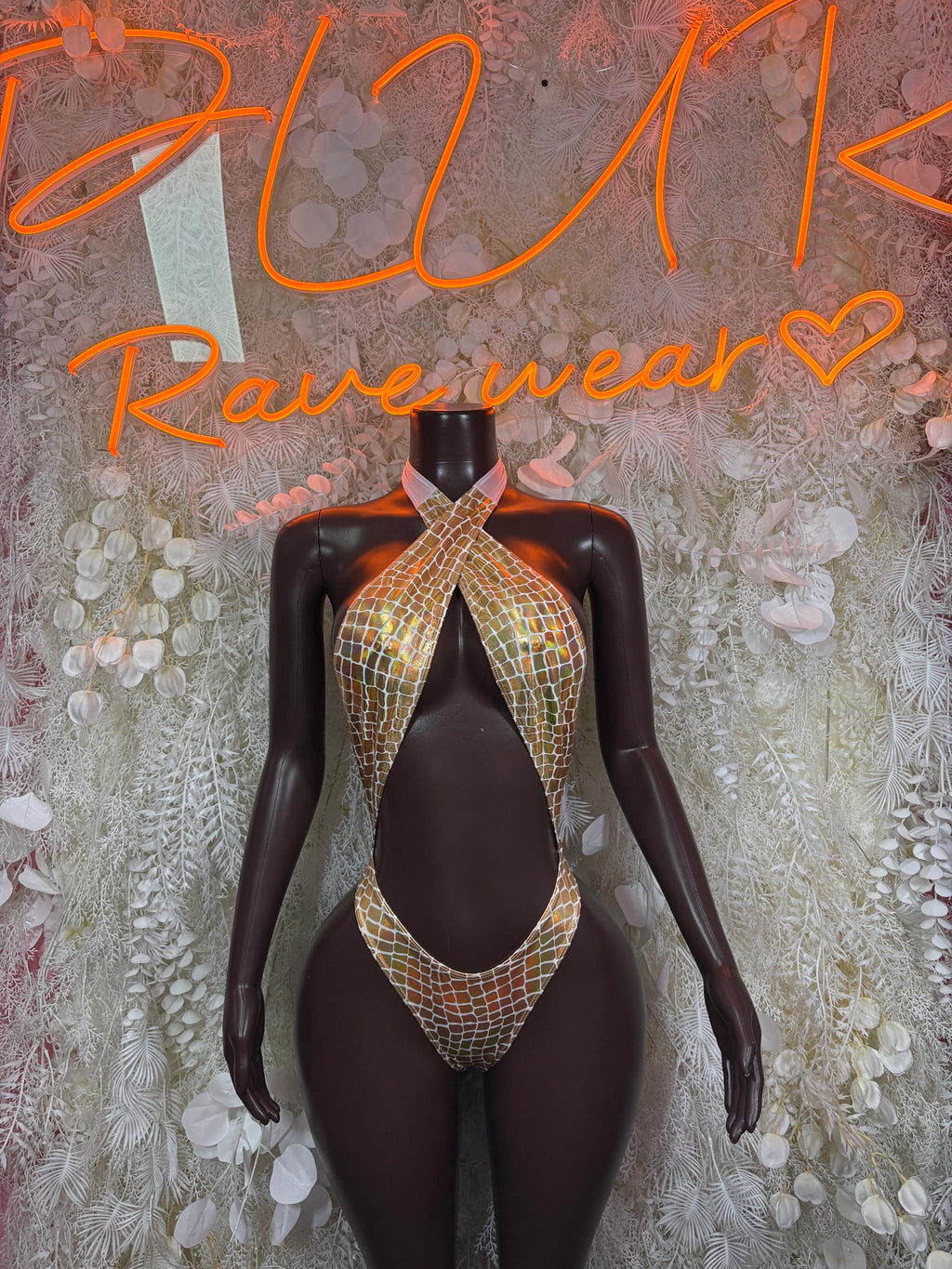 Gold Holographic Crocodile Print Bodysuit: Halter Neck Rave Clubwear