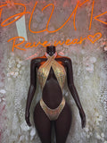 Gold Holographic Crocodile Print Bodysuit: Halter Neck Rave Clubwear
