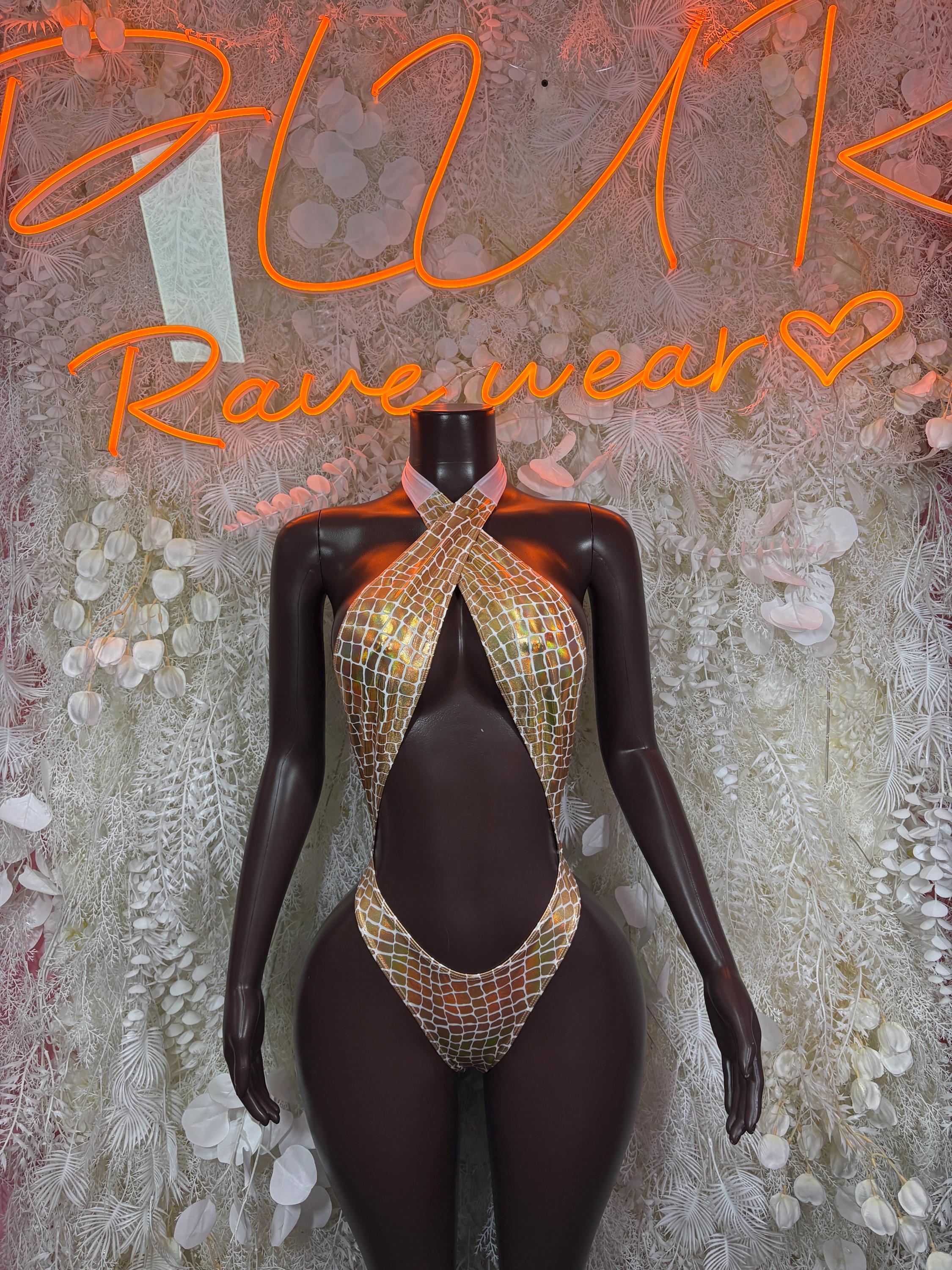 Gold Holographic Crocodile Print Bodysuit: Halter Neck Rave Clubwear