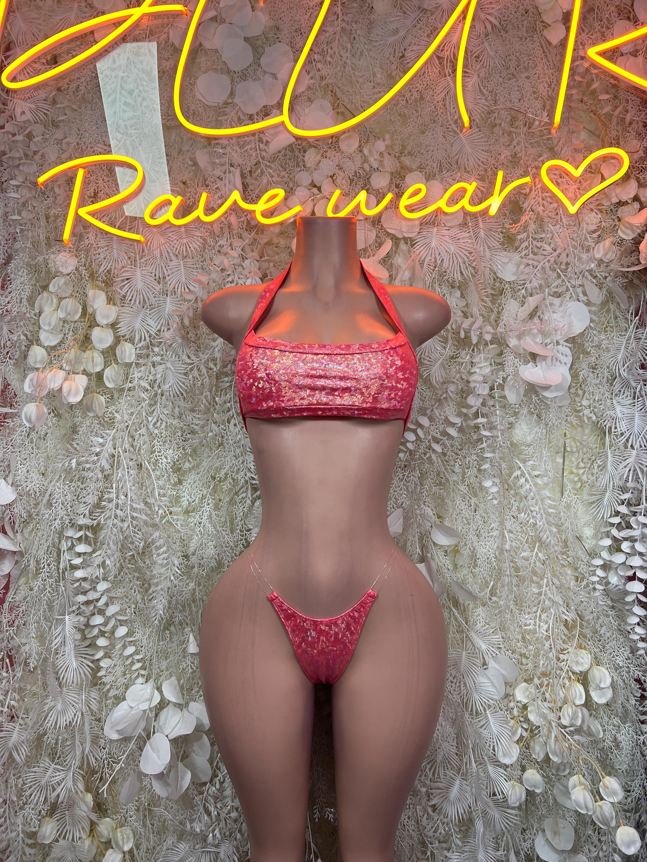 Coral Holographic Sequin Micro Bikini Set Crop Top Clear Strap Thong Rave Festival Exotic Dance Clubwear