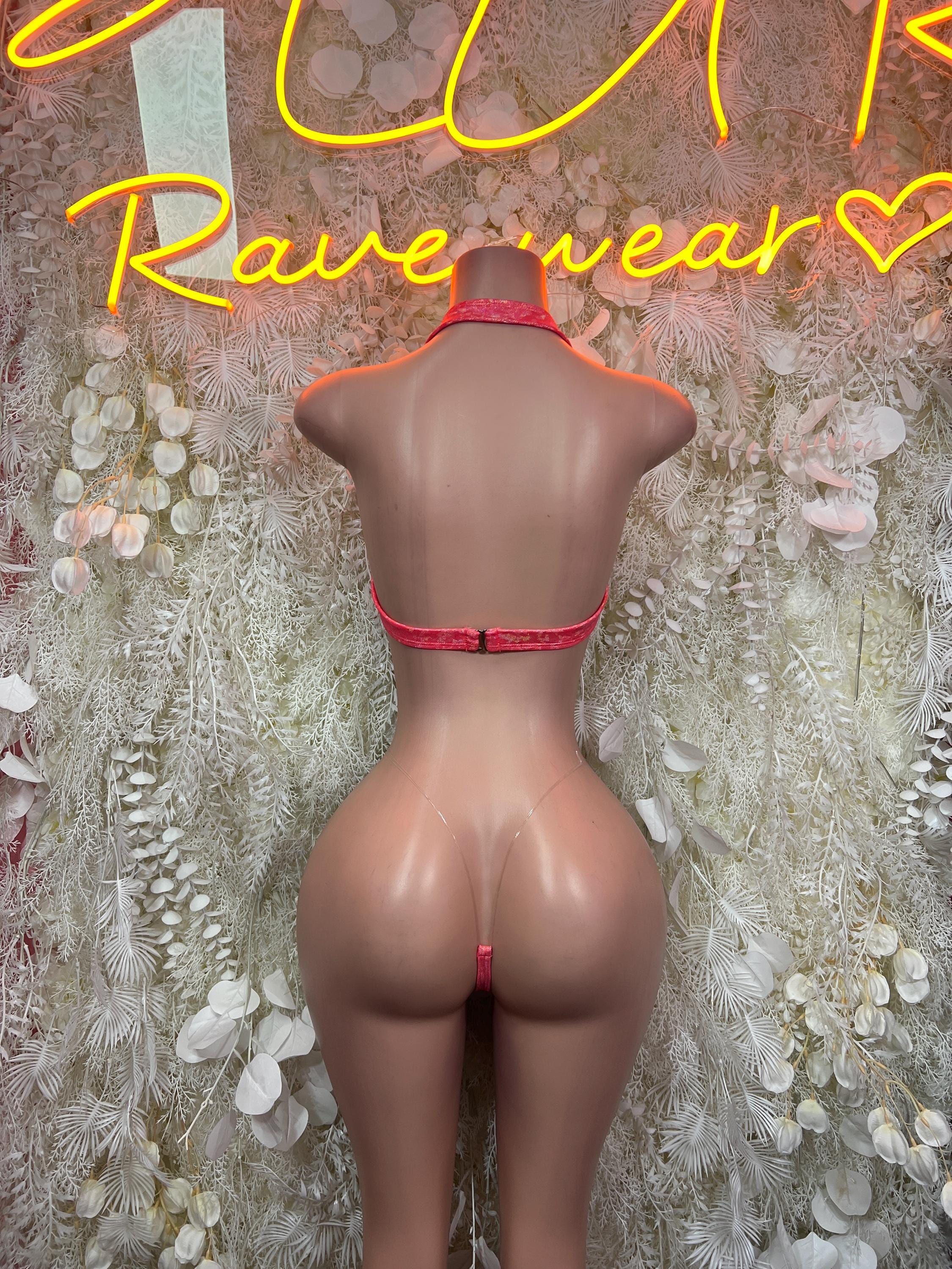Coral Holographic Sequin Micro Bikini Set Crop Top Clear Strap Thong Rave Festival Exotic Dance Clubwear