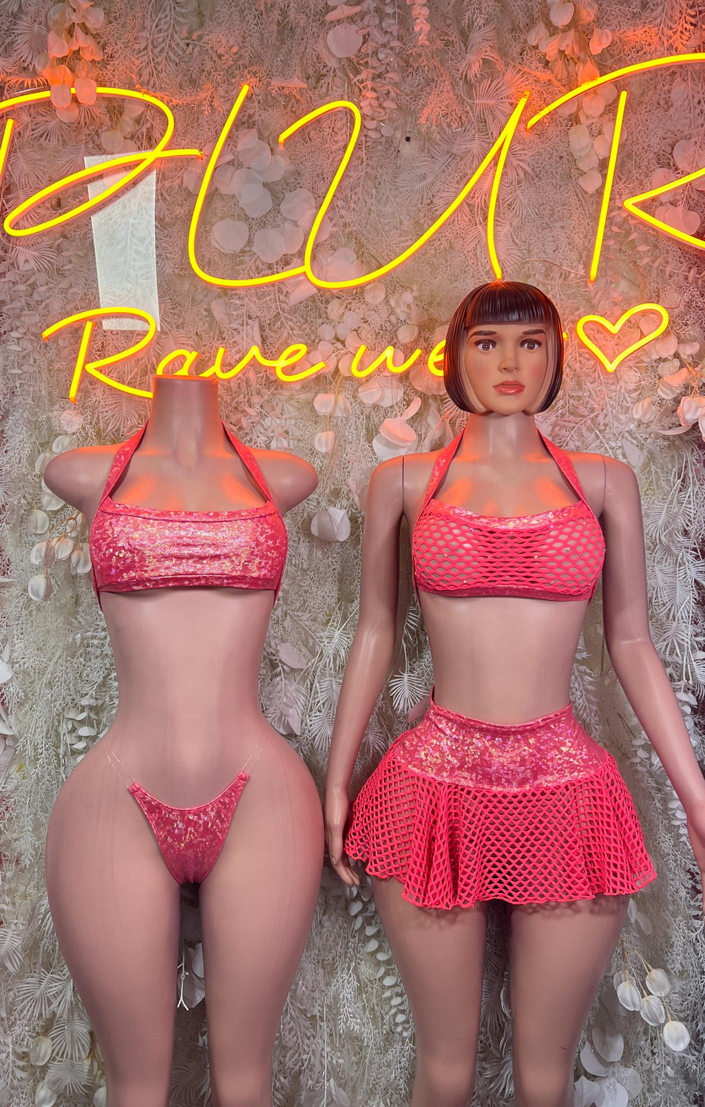 Coral Fishnet Halter Crop Top Mini Skirt Set Sequin Mesh Rave Festival Exotic Dance Clubwear