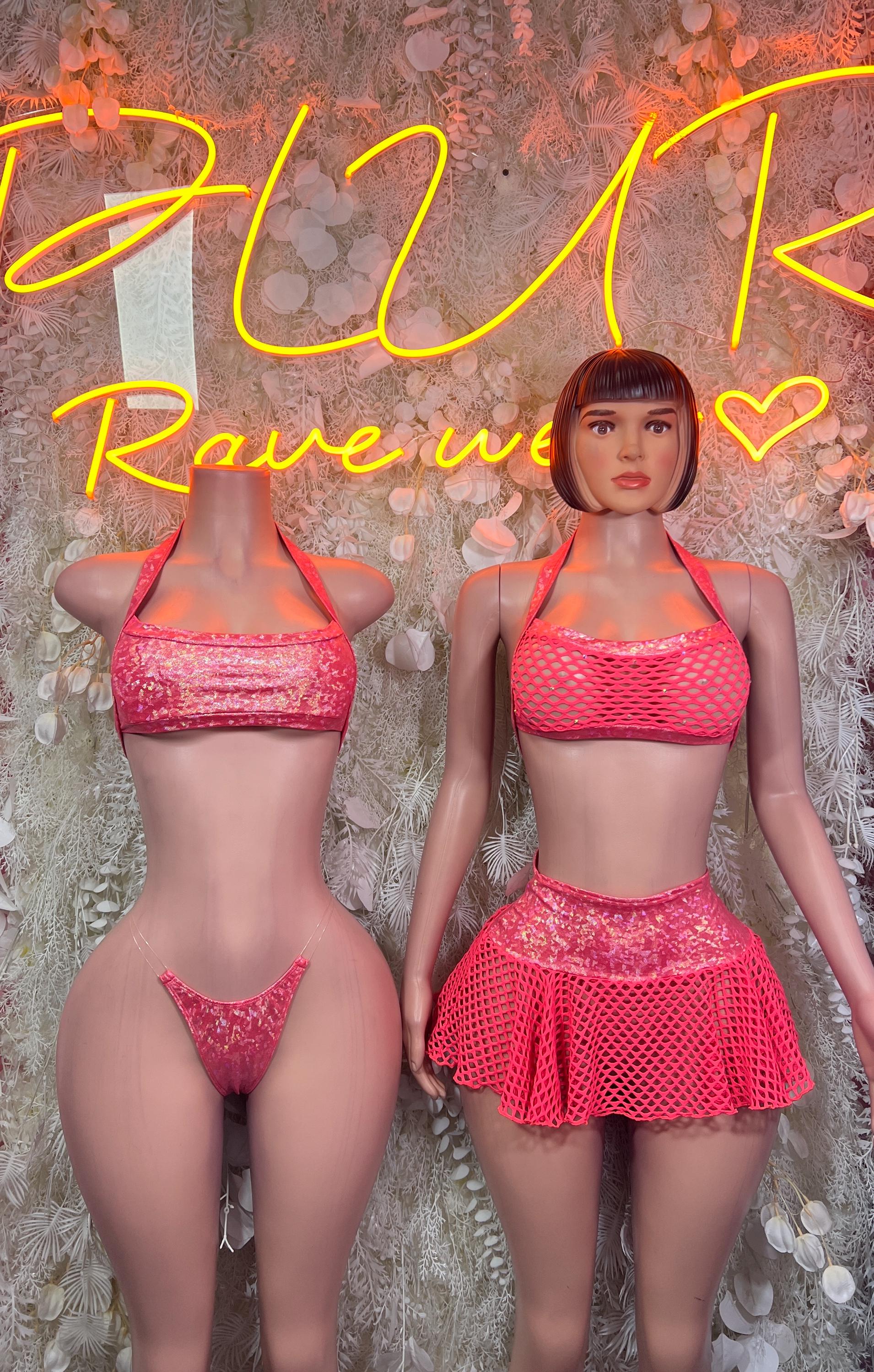 Coral Fishnet Halter Crop Top Mini Skirt Set Sequin Mesh Rave Festival Exotic Dance Clubwear