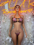 Pink Leopard Print Micro Bikini Set Rhinestone Studded Keyhole Top Clear Strap Thong Rave Festival Exotic Dance Clubwear