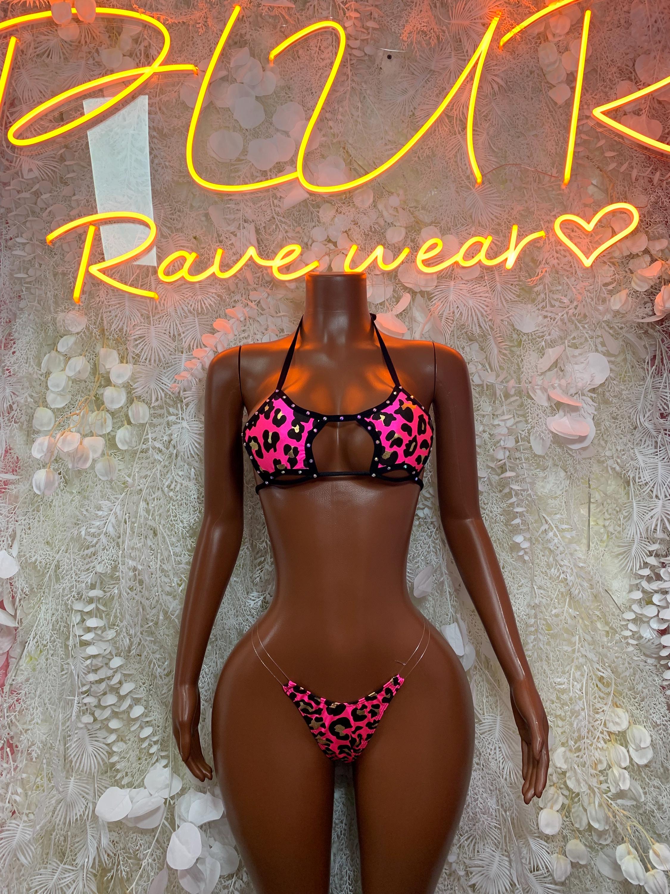 Hot Pink Leopard Print Micro Bikini Set Rhinestone Studded Keyhole Top Clear Strap Thong Rave Festival Exotic Dance Clubwear