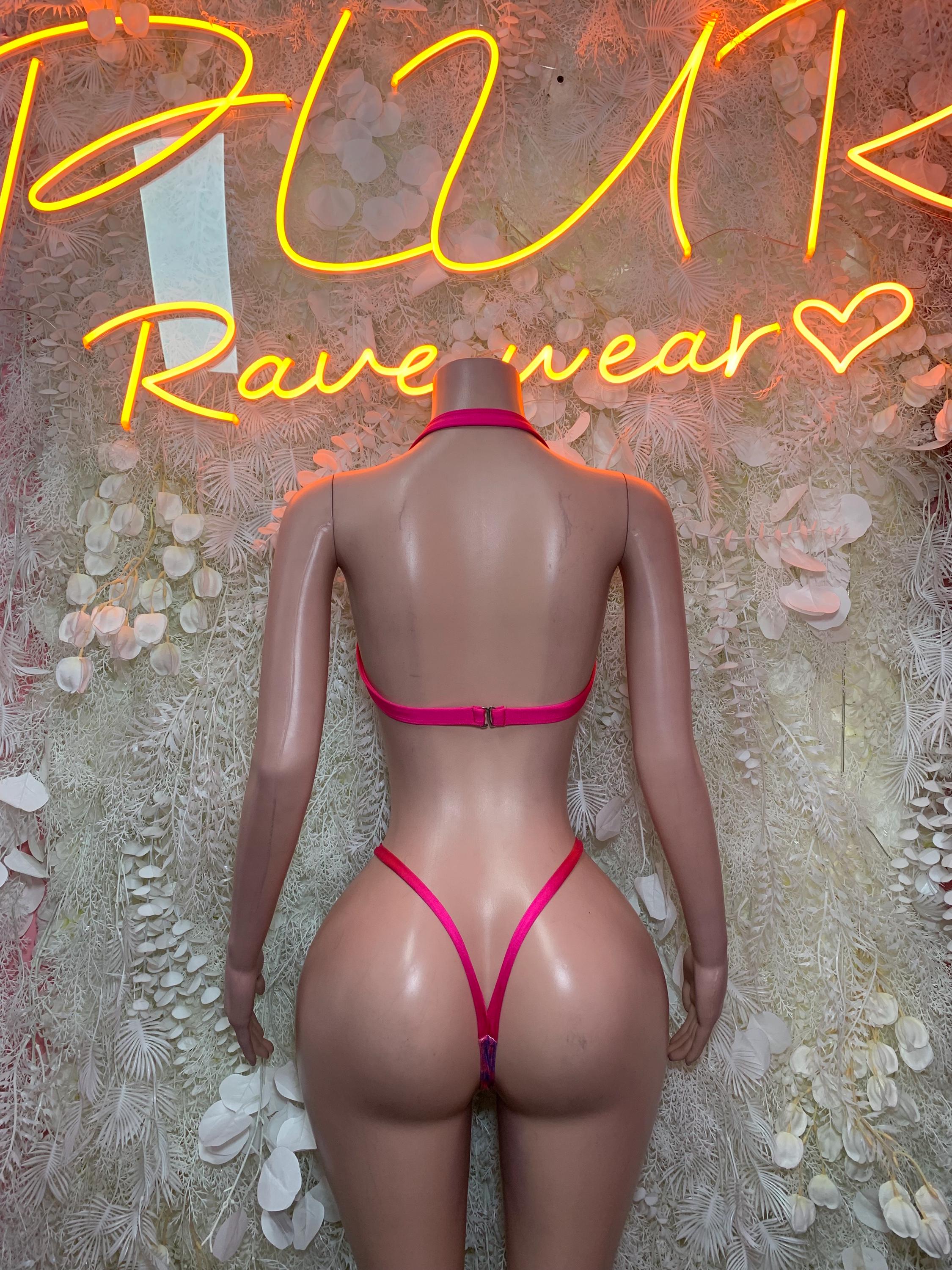 Pink Purple Holographic Abstract Micro Bikini Set Bandeau Top Clear Band Thong Rave Festival Exotic Dance Clubwear