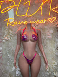 Pink Purple Holographic Abstract Micro Bikini Set Bandeau Top Clear Band Thong Rave Festival Exotic Dance Clubwear