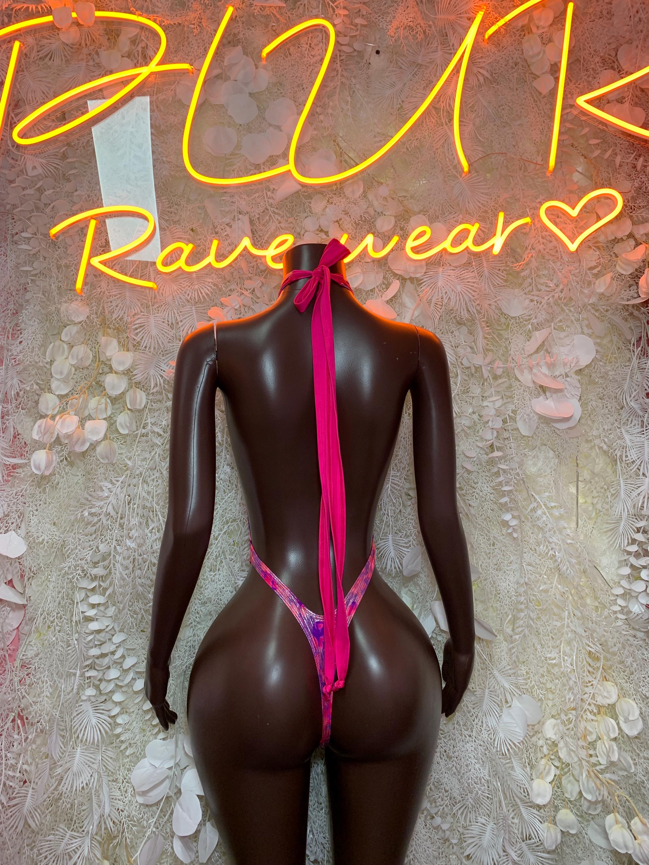 Pink Purple Holographic Bodysuit: Abstract Cross Halter Keyhole Rave Wear
