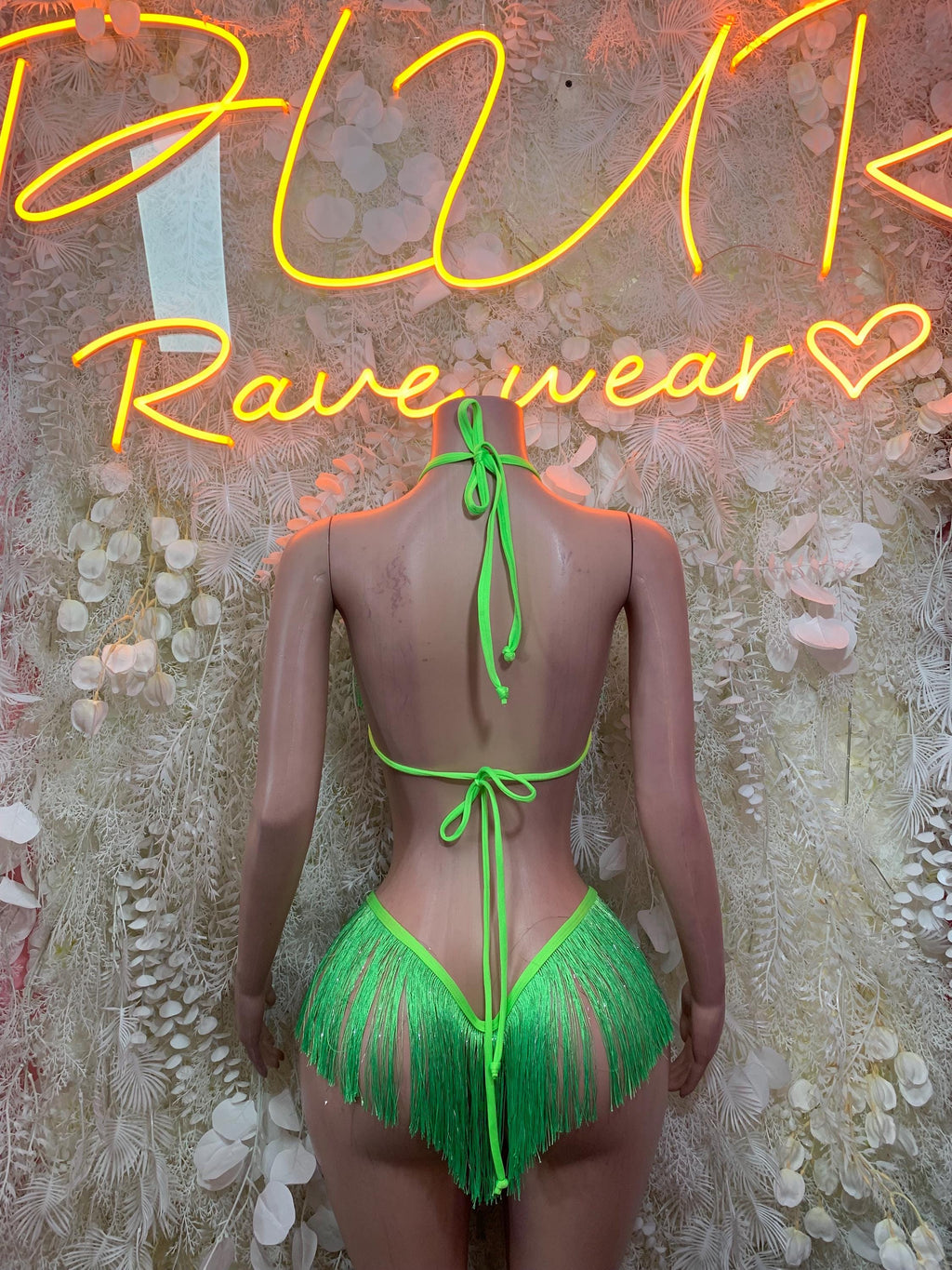 Neon Green Fringe Bikini Set: Leopard Print, Triangle Micro Rave Wear