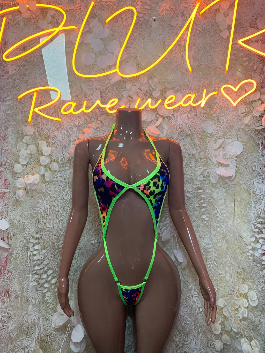 Neon Green Leopard Print Triangle Top Micro Bottoms Rave Festival Wear