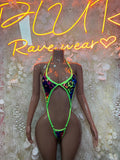 Neon Green Leopard Print Triangle Top Micro Bottoms Rave Festival Wear
